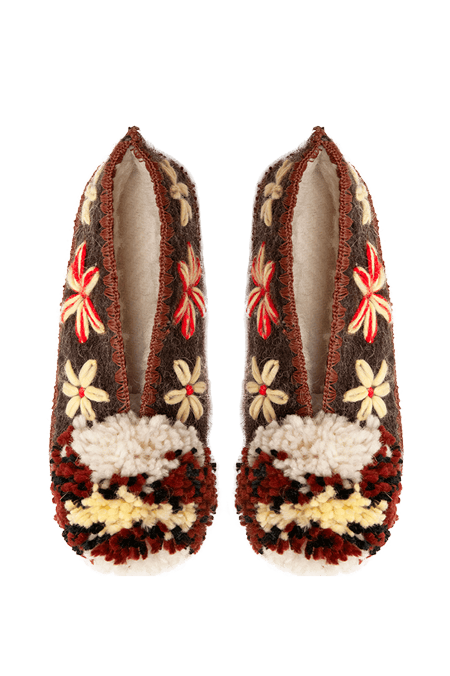 Wełniane kapcie z pomponem Flowers Brown