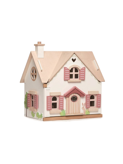 Drewniany dwupiętrowy domek dla lalek z wyposażeniem