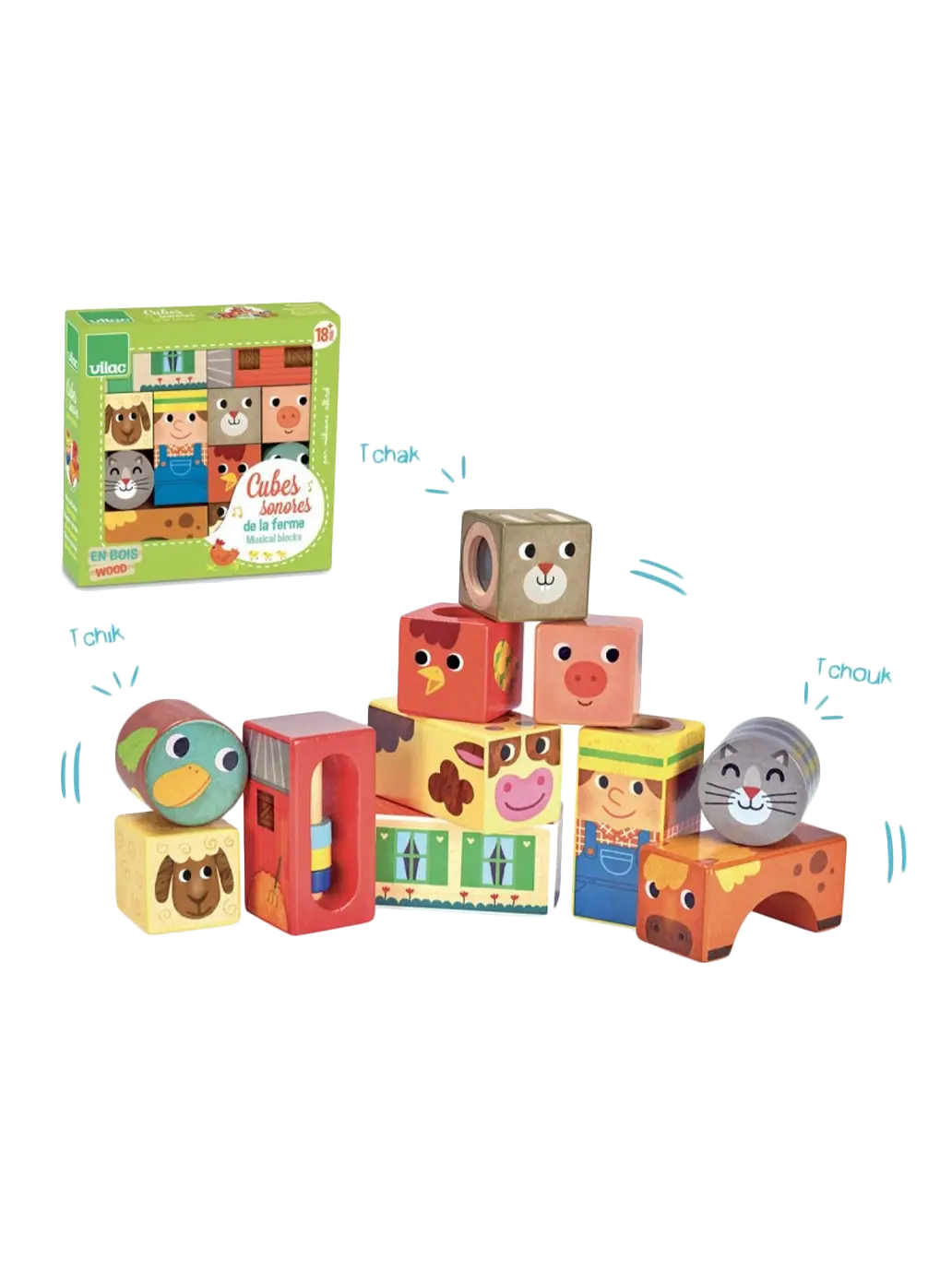 drewniane klocki sensoryczne z dźwiękami Vilac BÉBÉ Concept