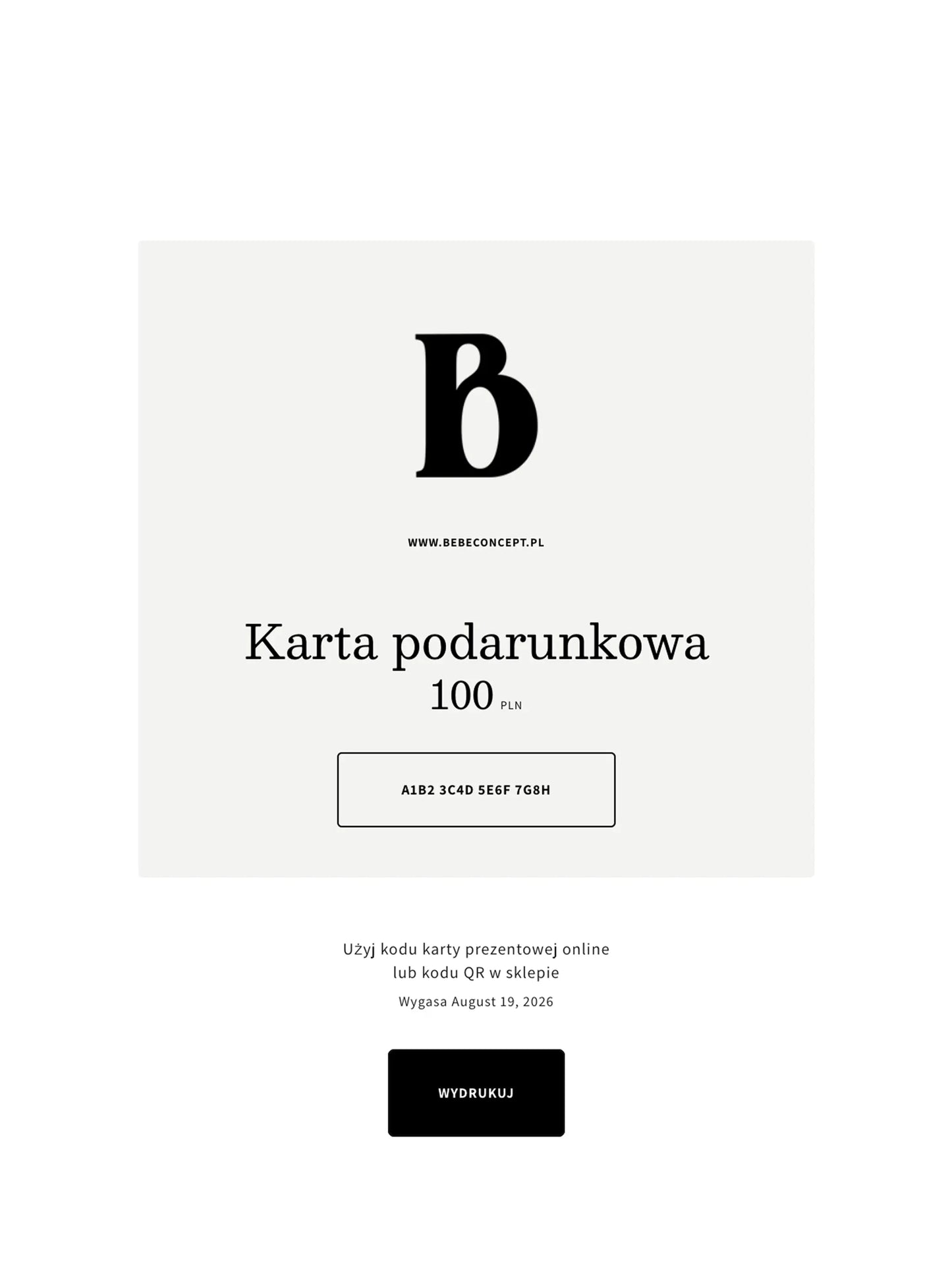 Karta podarunkowa - wersja elektroniczna BÉBÉ Concept BEBE Concept