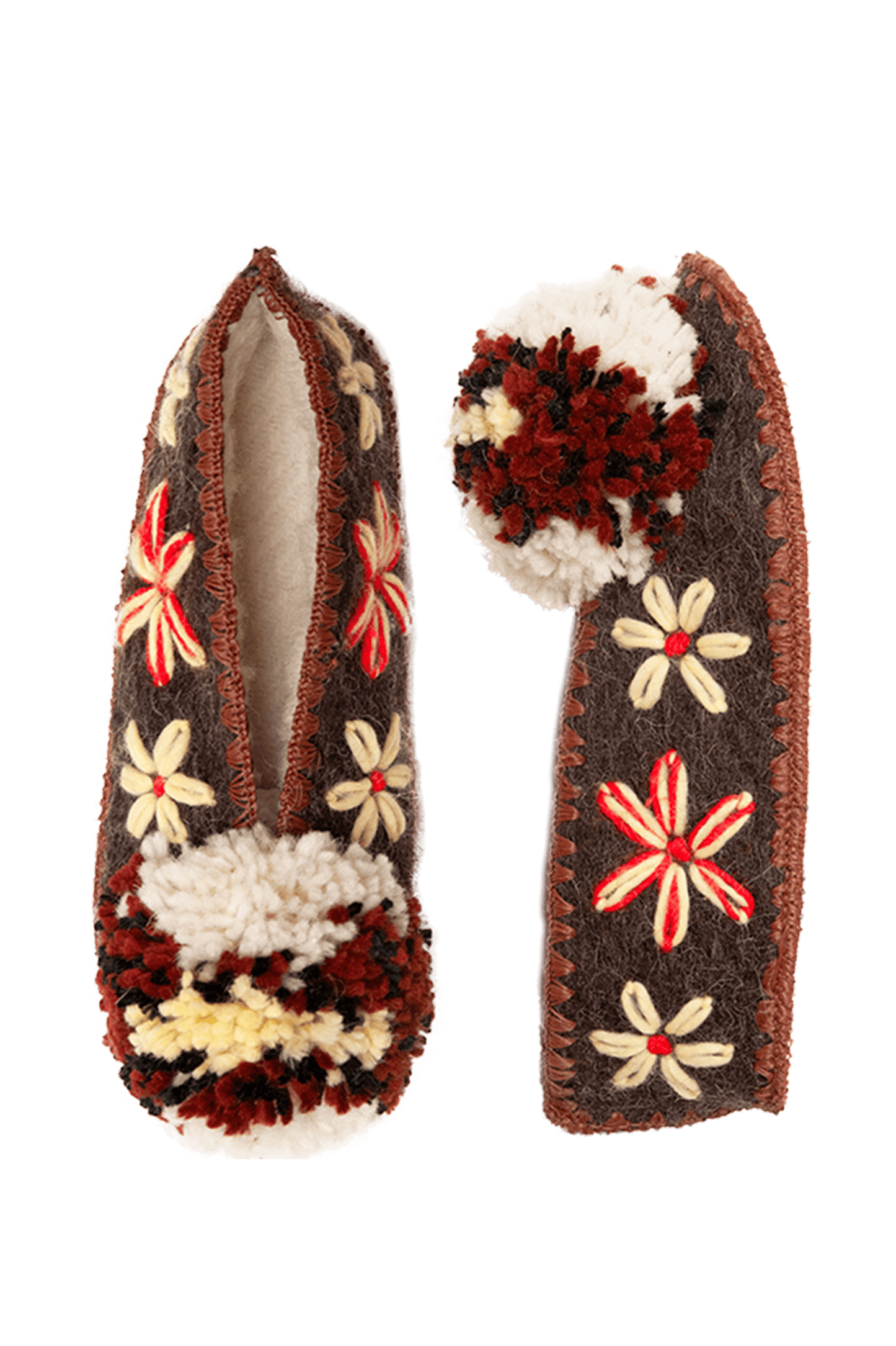 Wełniane kapcie z pomponem Flowers Brown