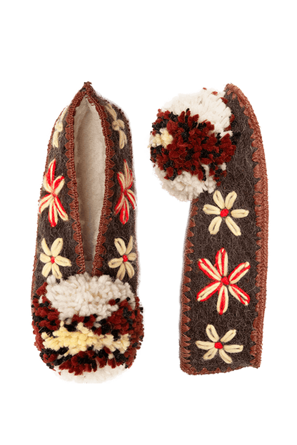 Wełniane kapcie z pomponem Flowers Brown FLOWERS BROWN