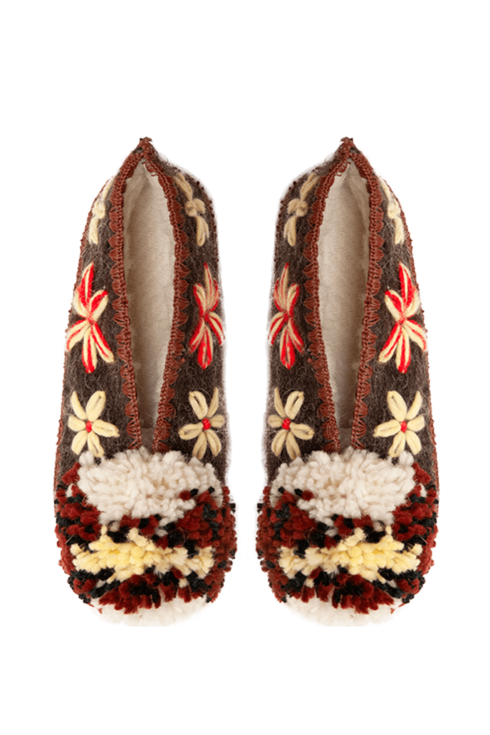 Wełniane kapcie z pomponem Flowers Brown FLOWERS BROWN