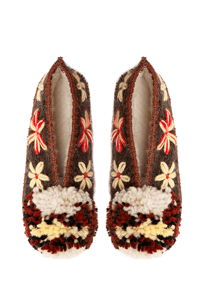 Wełniane kapcie z pomponem Flowers Brown FLOWERS BROWN