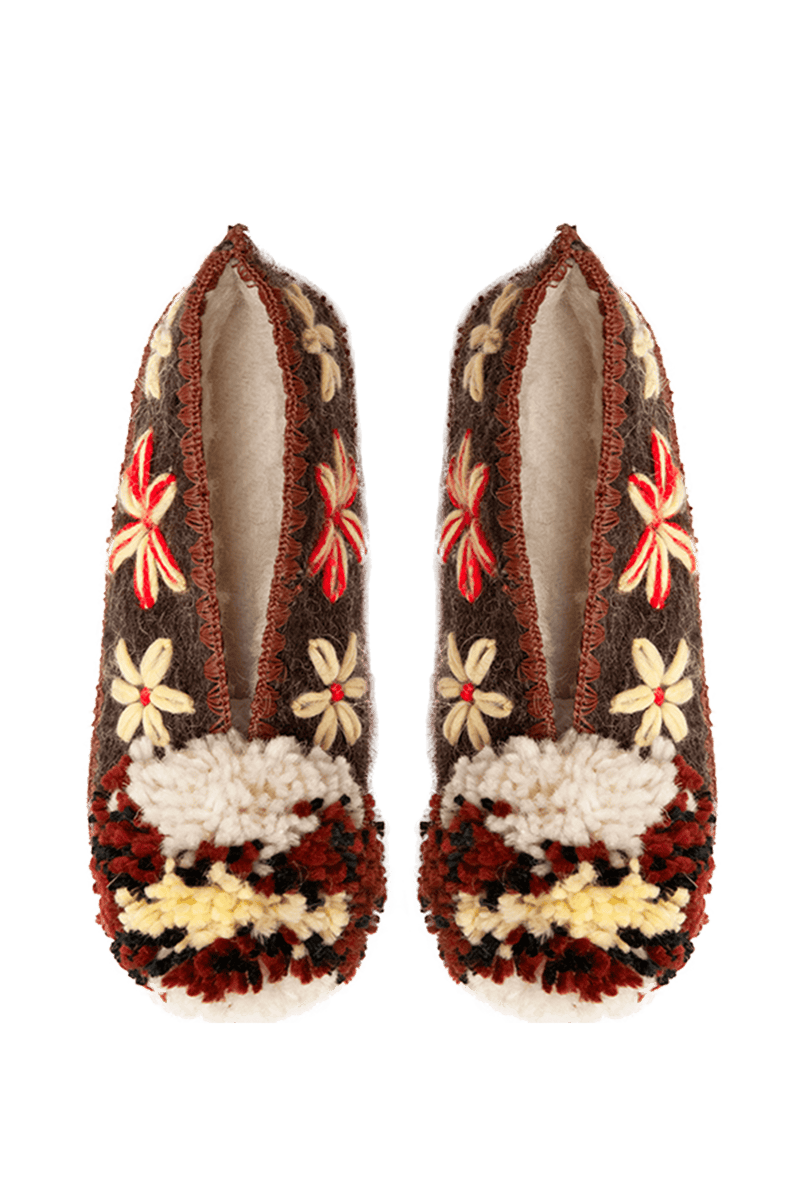 Wełniane kapcie z pomponem Flowers Brown
