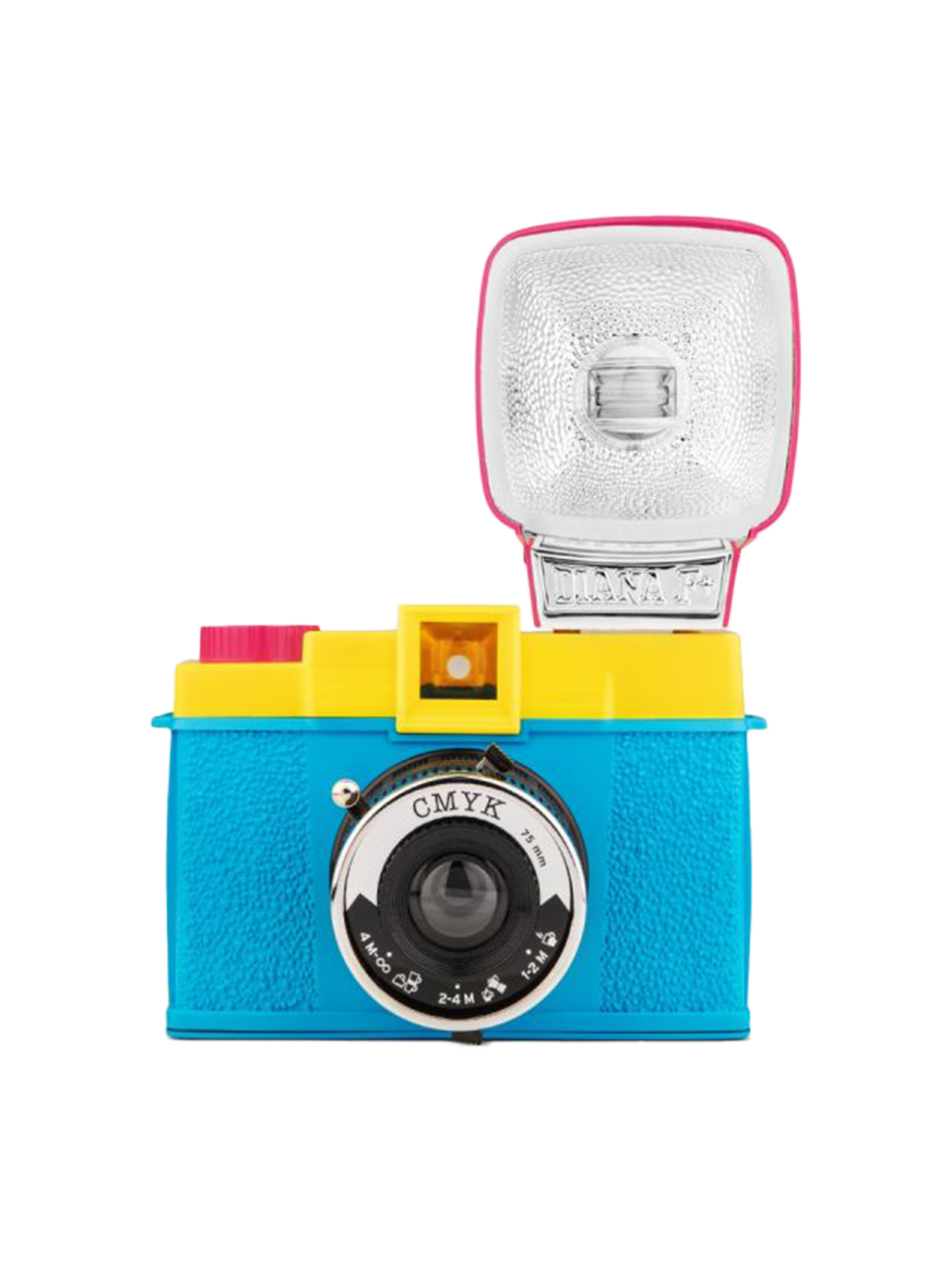 Fotocamera analogica con fotocamera Diana F+ e lampada flash CMYK