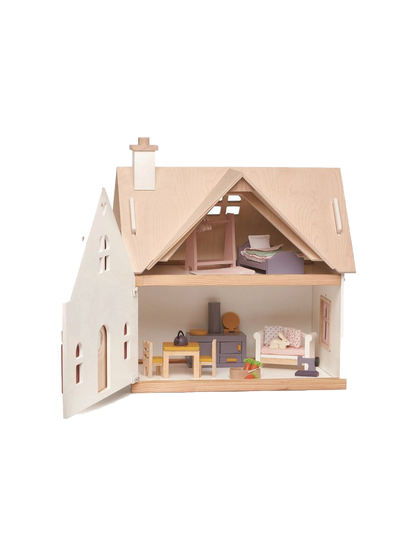 Drewniany dwupiętrowy domek dla lalek z wyposażeniem