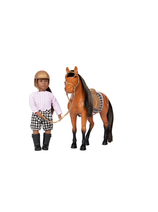 Mała laleczka dżokejka z koniem