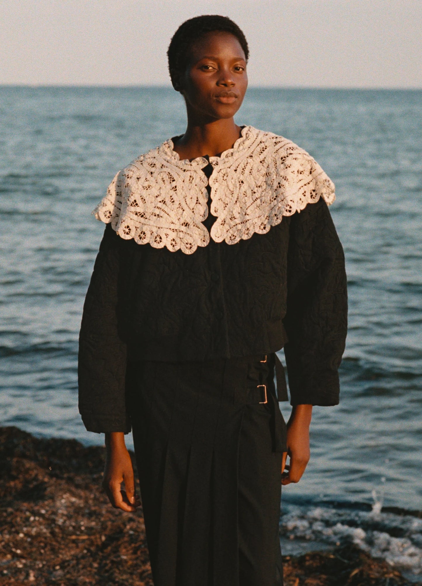 Adelina Battenberg lace quilted puffer jacket