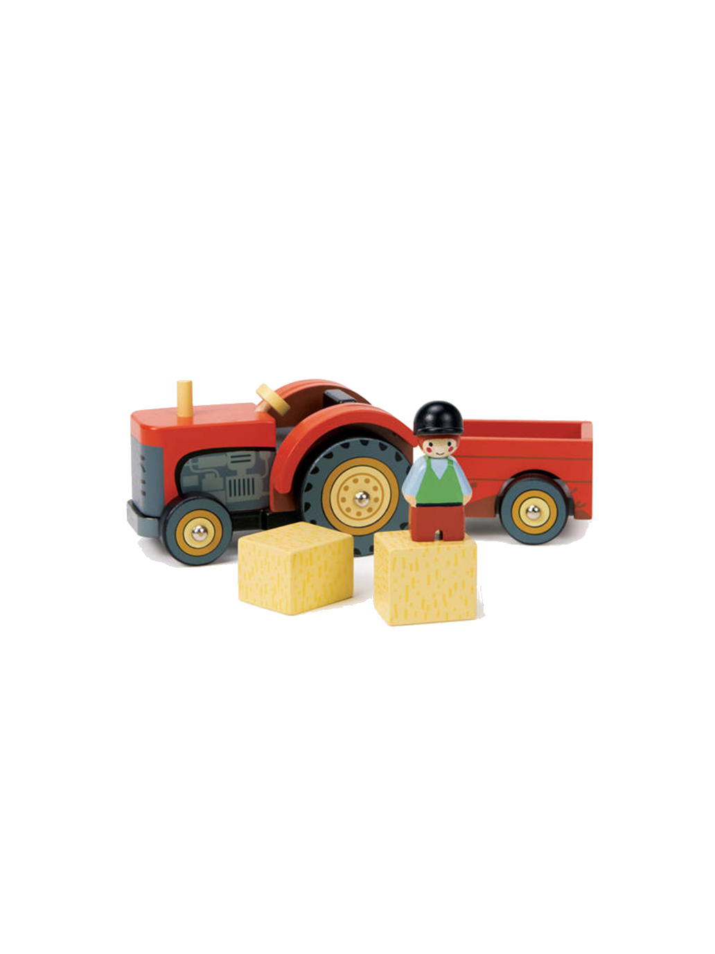 Drewniany traktor z przyczepą i akcesoriami