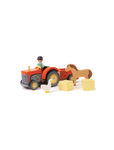 Drewniany traktor z przyczepą i akcesoriami