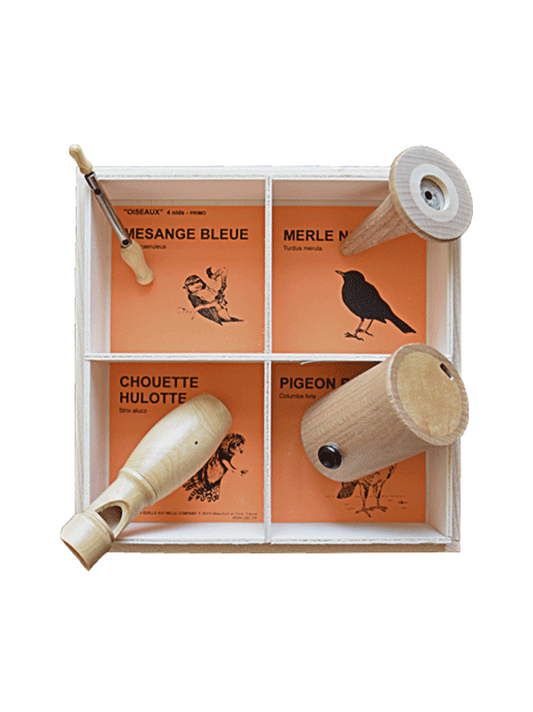 sada dřevěných nástrojů k napodobování zvuků ptáků