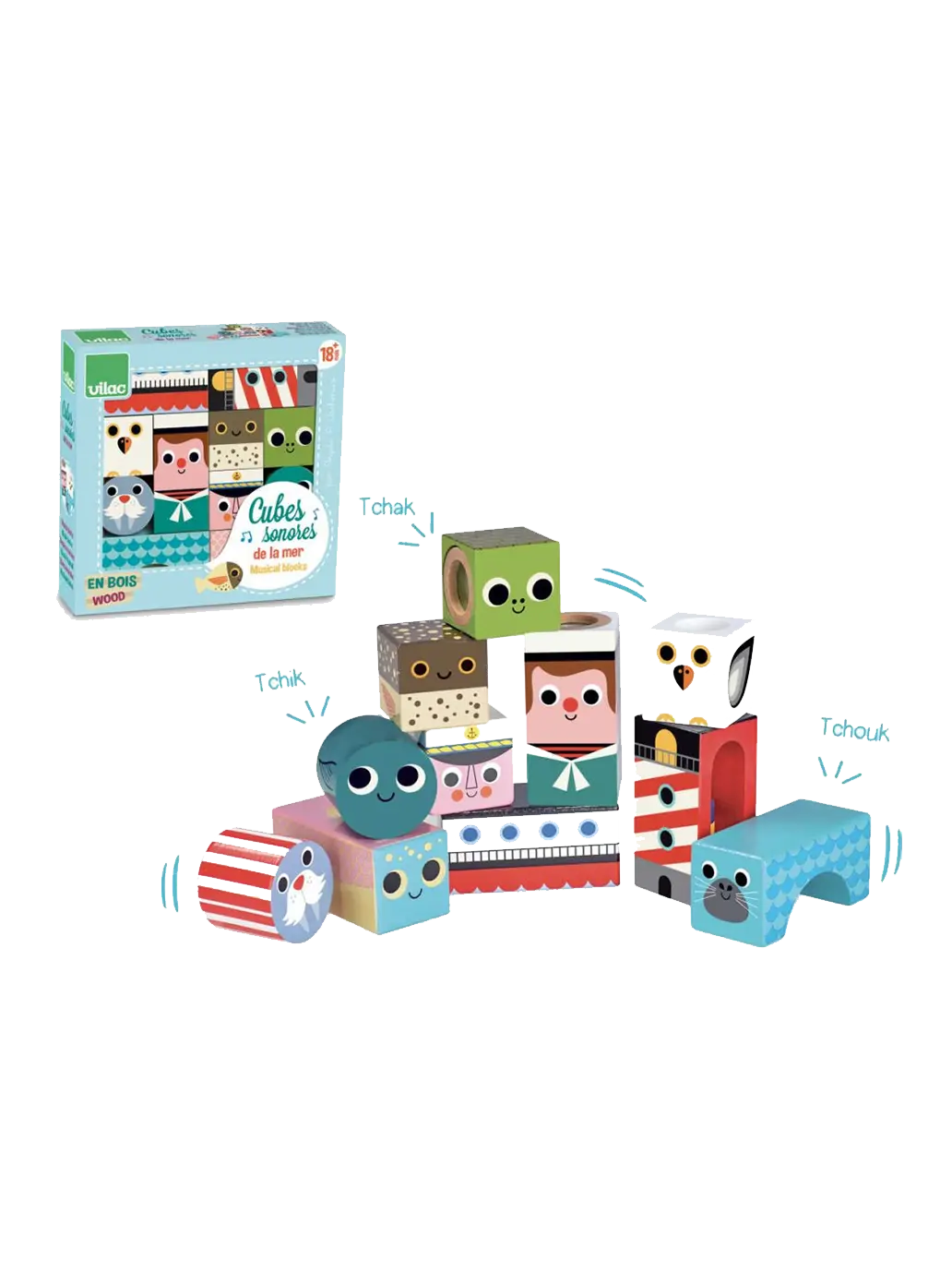 drewniane klocki sensoryczne z dźwiękami Vilac BÉBÉ Concept