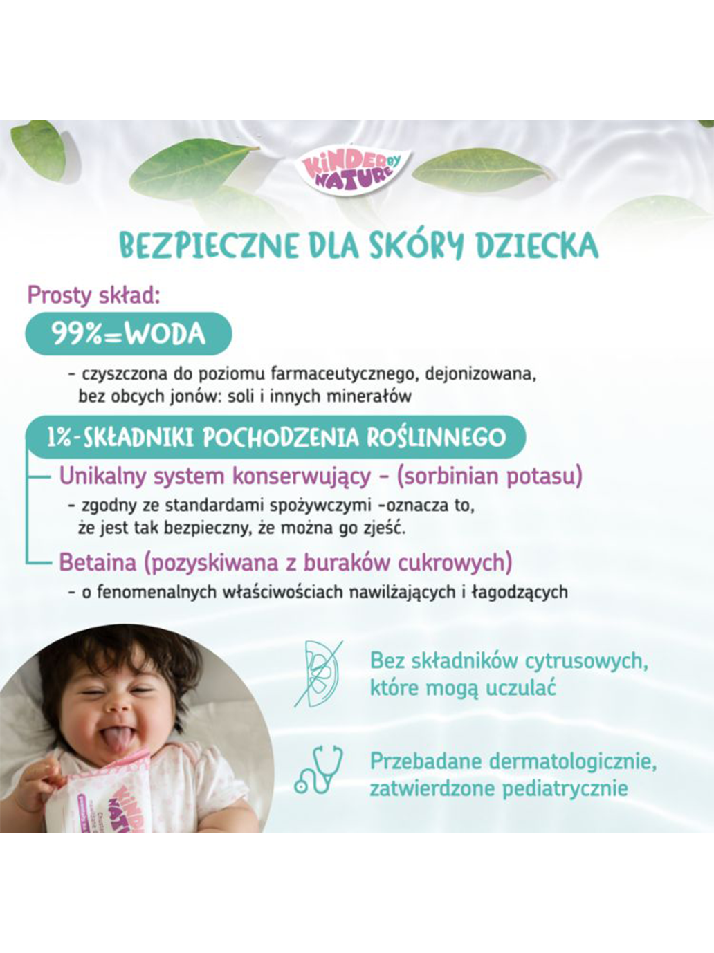 Naturalne biodegradowalne chusteczki nawilżane wodą Kinder by Nature BÉBÉ Concept 