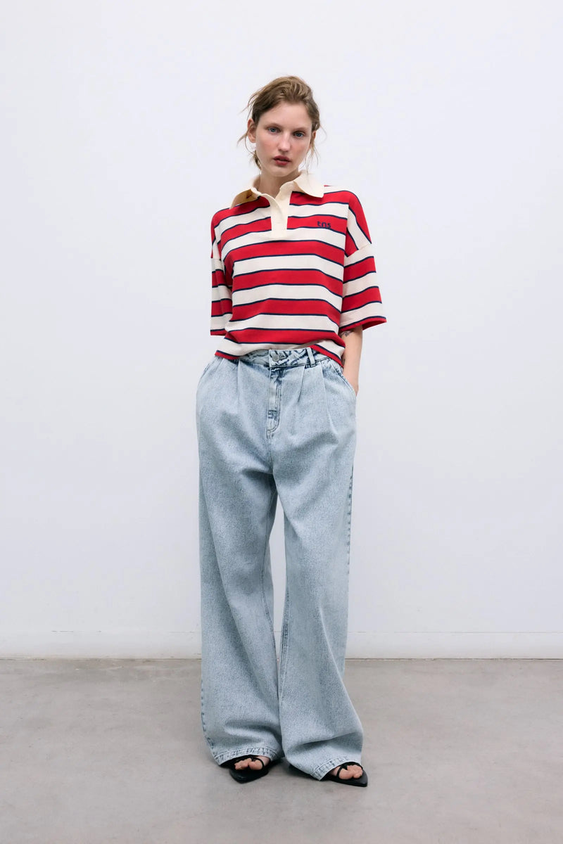 Acacia Woman Polo Tulip Red & Midnight Stripes The New Society BEBE Concept 