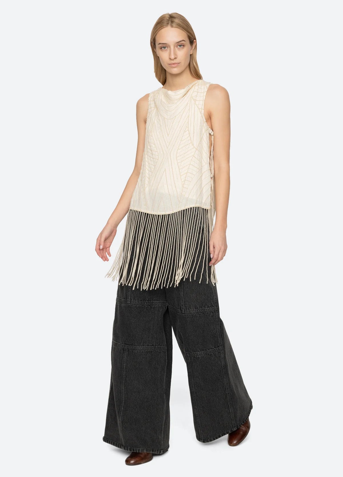Carlotta Embroidered Sleeveless Fringe Top