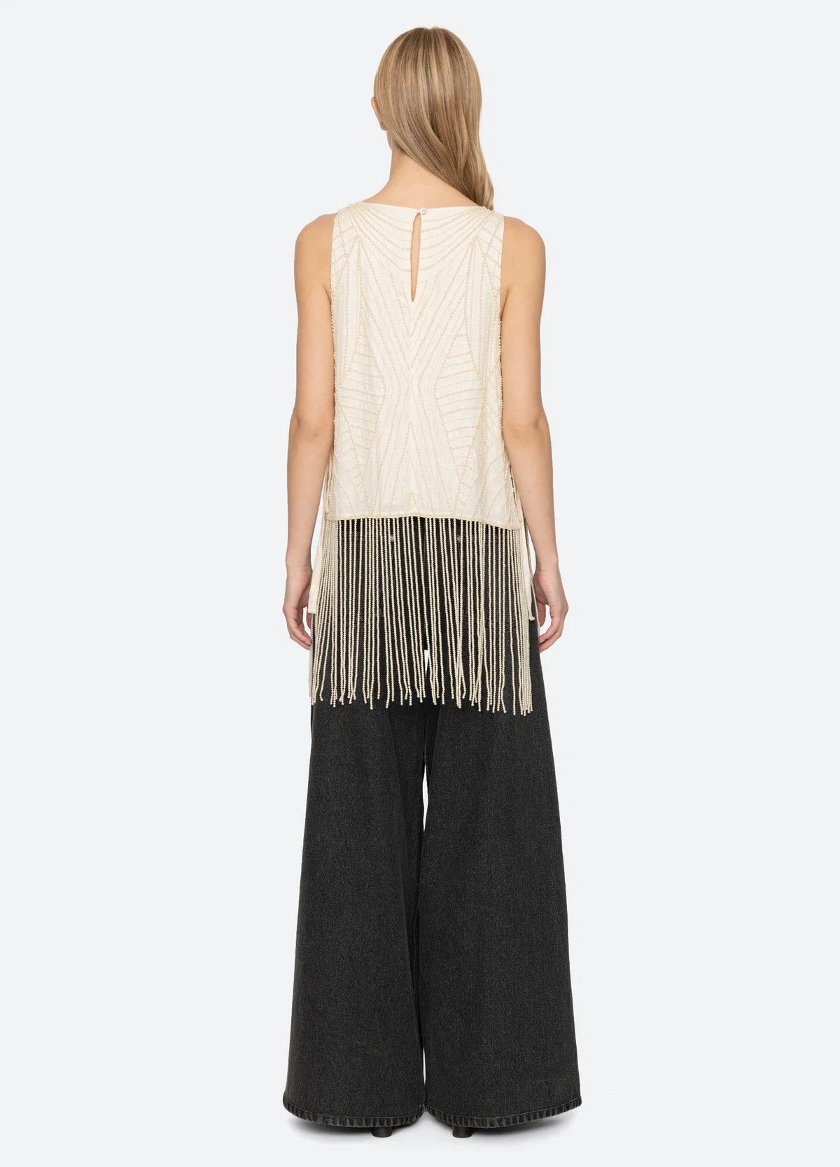 Carlotta Embroidered Sleeveless Fringe Top CREAM
