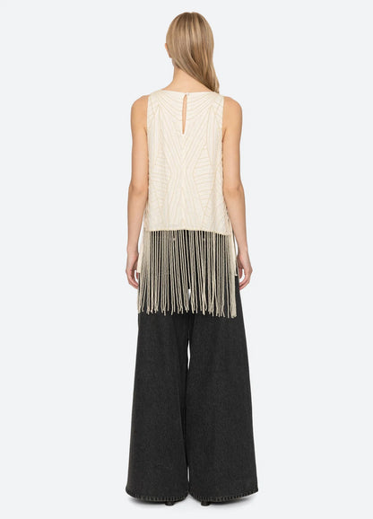 Carlotta Embroidered Sleeveless Fringe Top CREAM