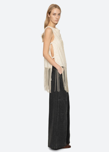 Carlotta Embroidered Sleeveless Fringe Top CREAM
