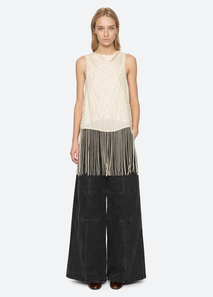 Carlotta Embroidered Sleeveless Fringe Top CREAM