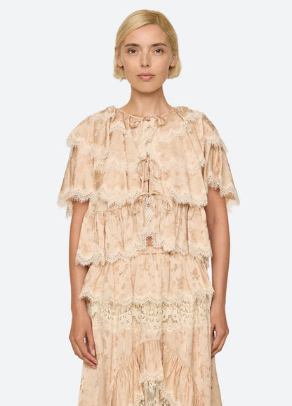 Shay Lace Tie Front Short Sleeve Top NUDE