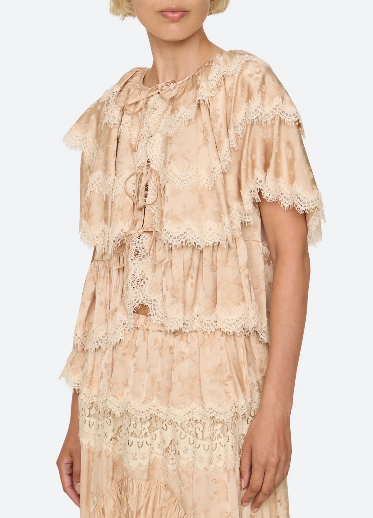 Shay Lace Tie Front Short Sleeve Top NUDE