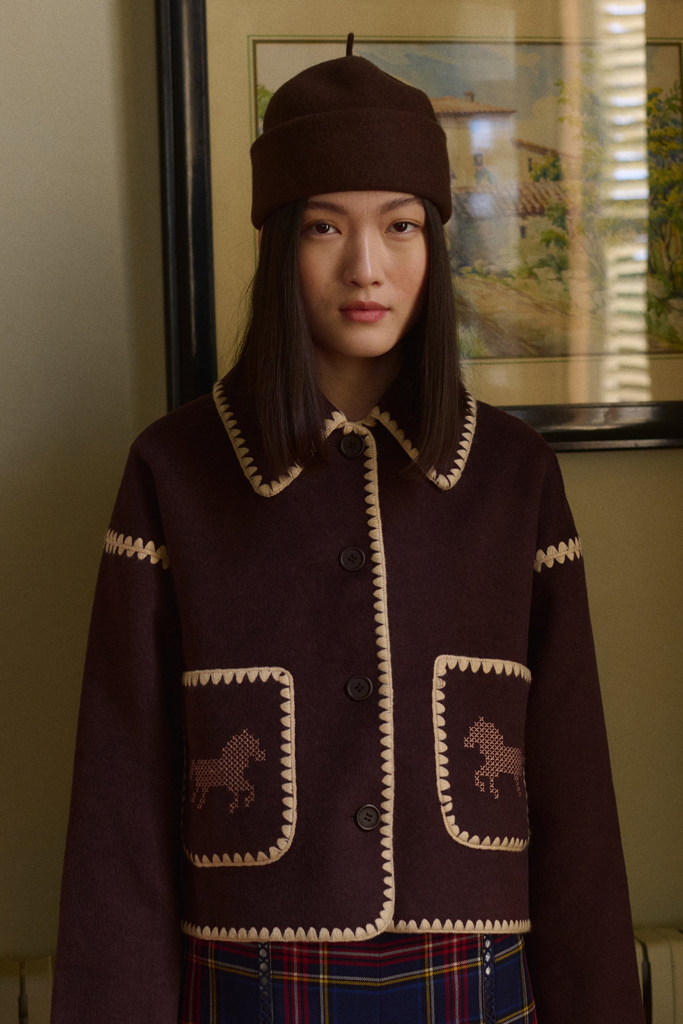 Woman Short Horses Embroidered Coat CHARCOAL