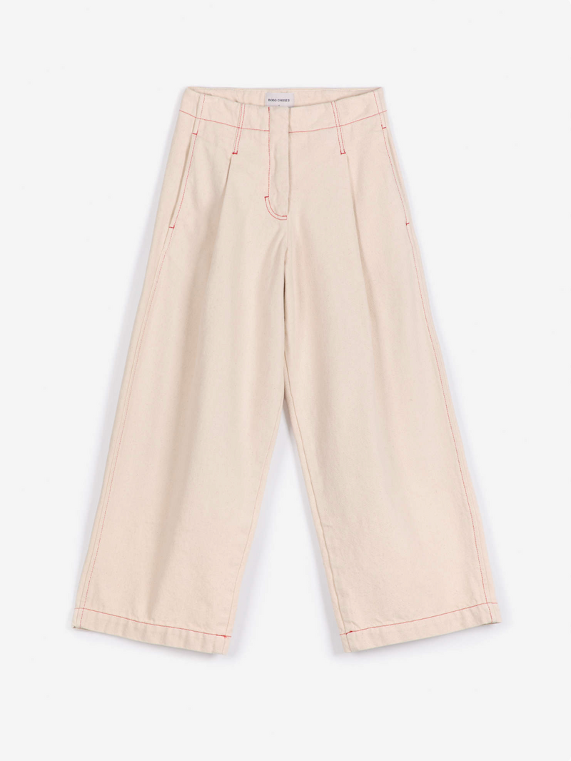 Ecru twill pleated barrel pants
