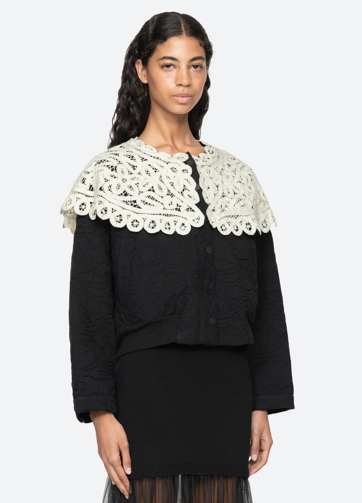 Adelina Battenberg lace quilted puffer jacket