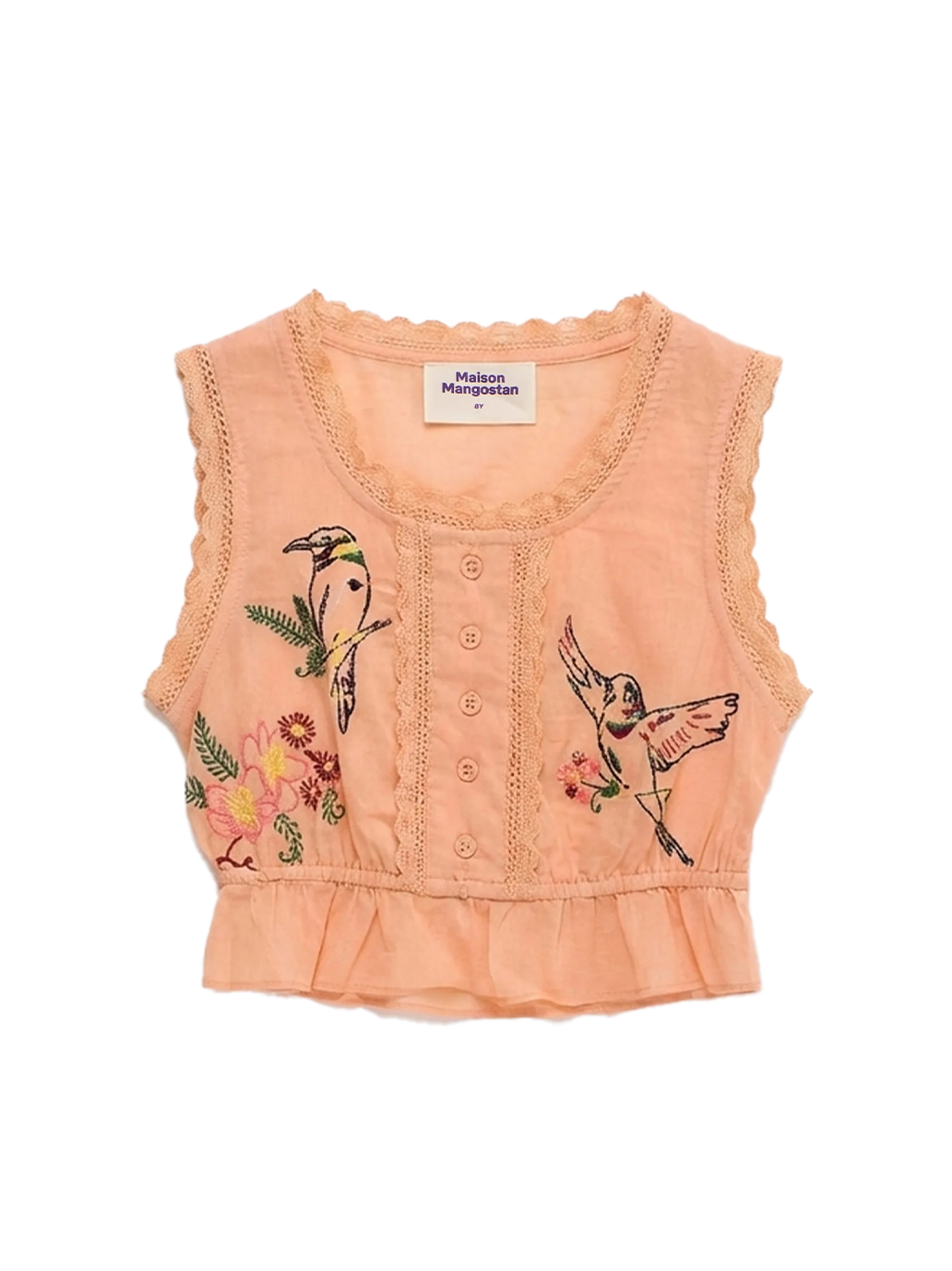 Birds Embroidered Ruffle Top Orange