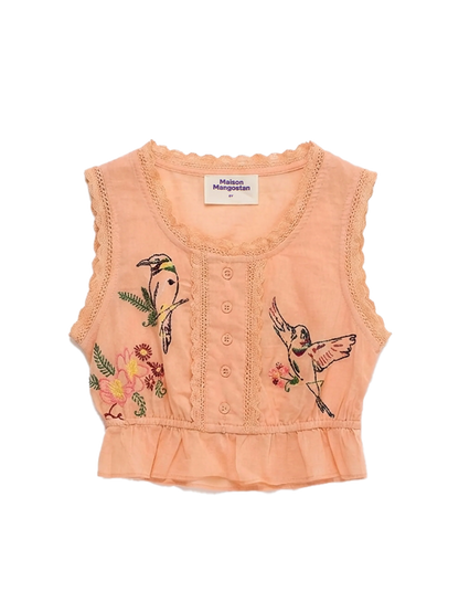 Birds Embroidered Ruffle Top Orange