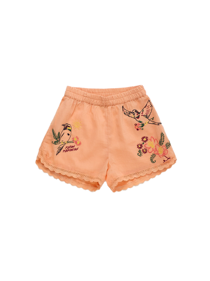 Birds Embroidered Shorts Orange