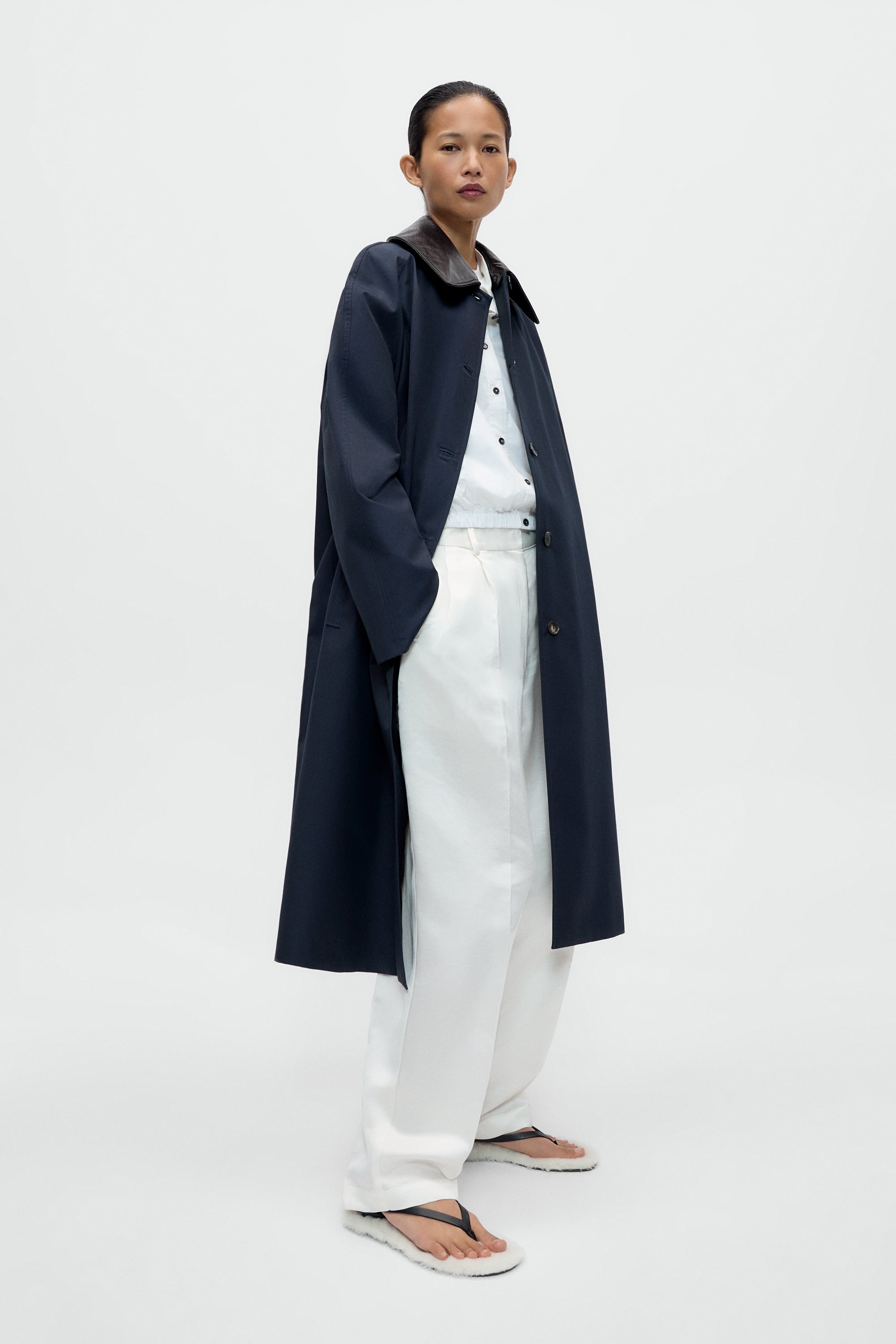 Leather Collar Trench Coat