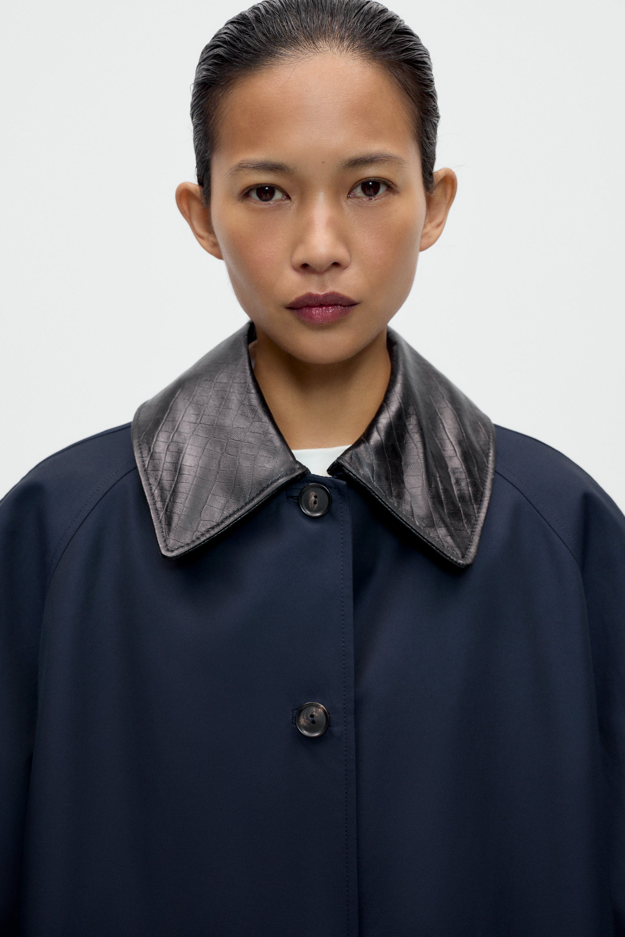 Leather Collar Trench Coat