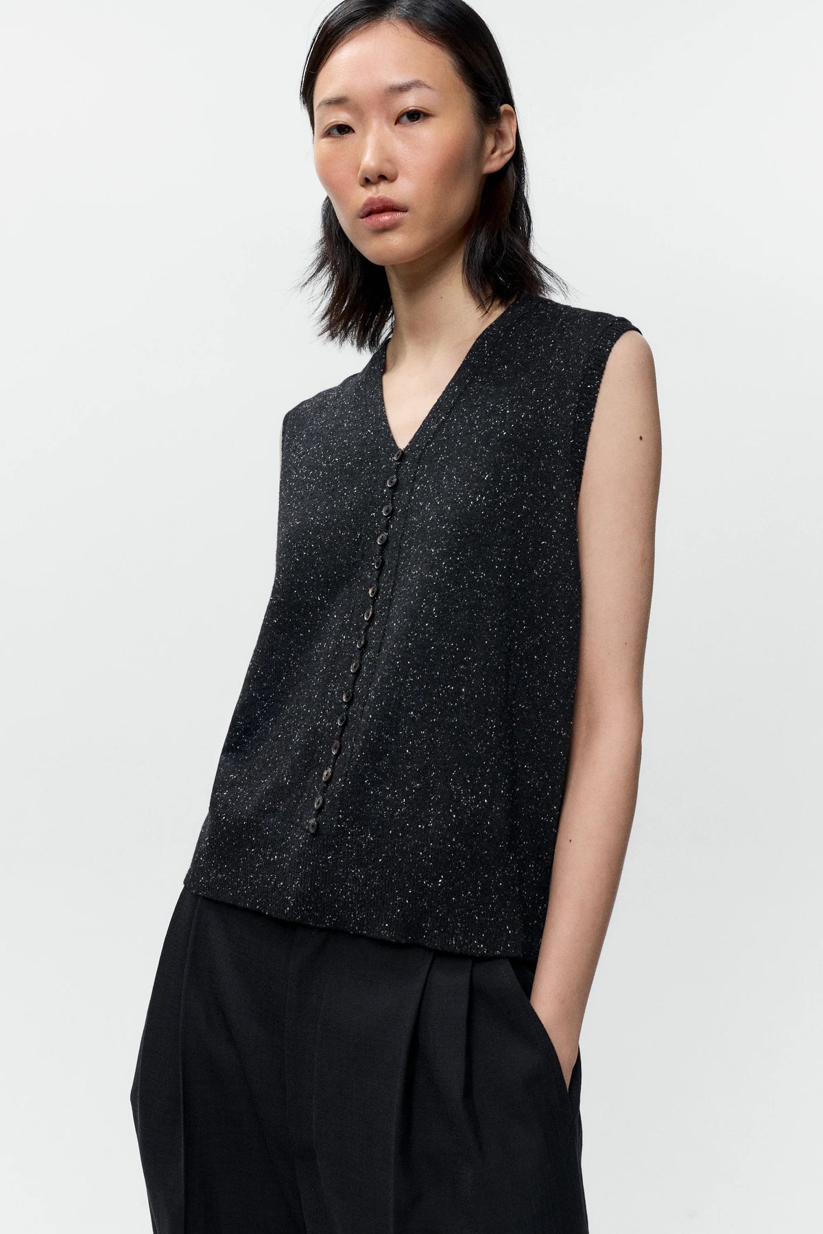 Silk &amp; Wool Flecked Waistcoat BLACK