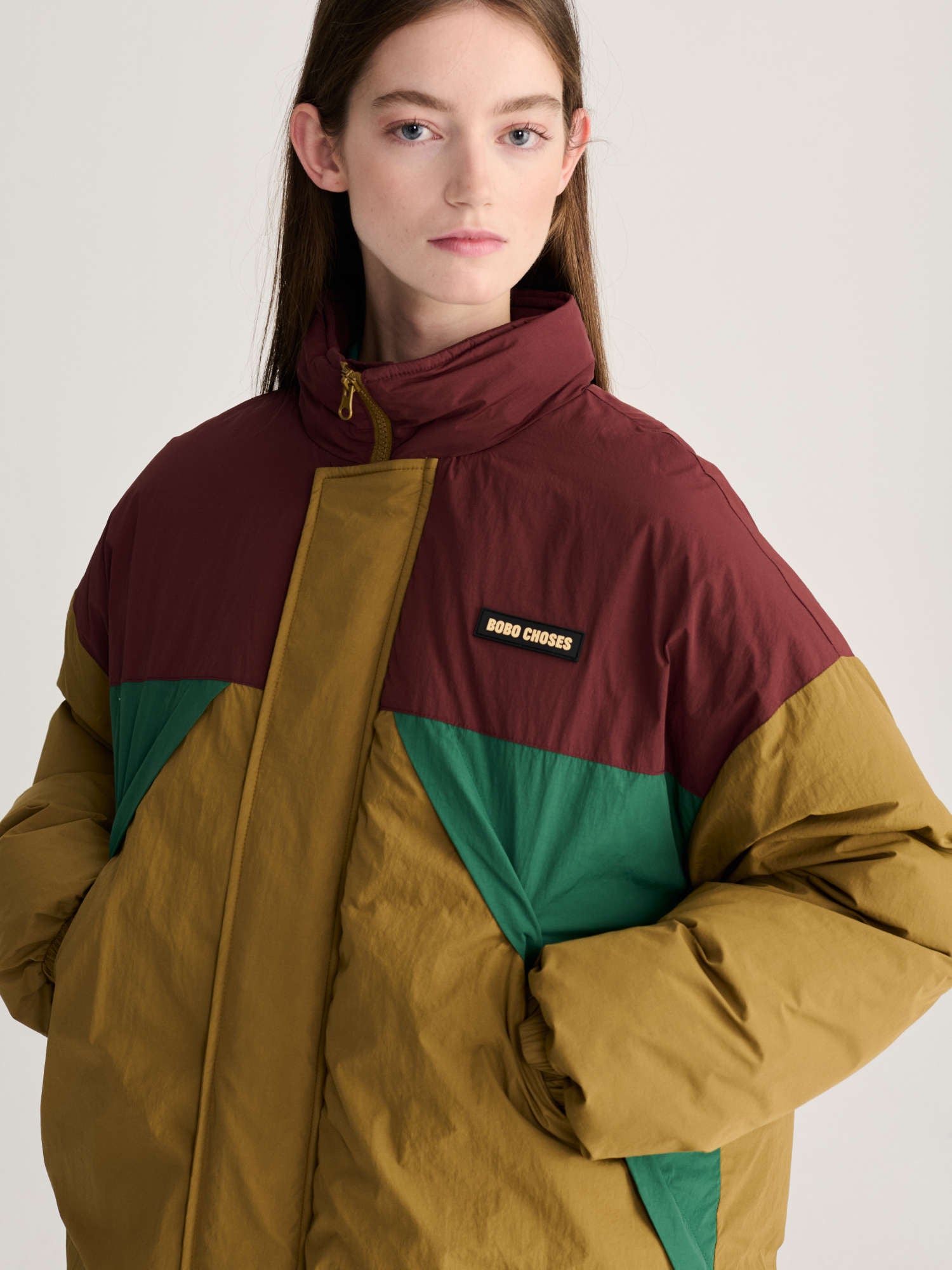 Oversize long color block puffer