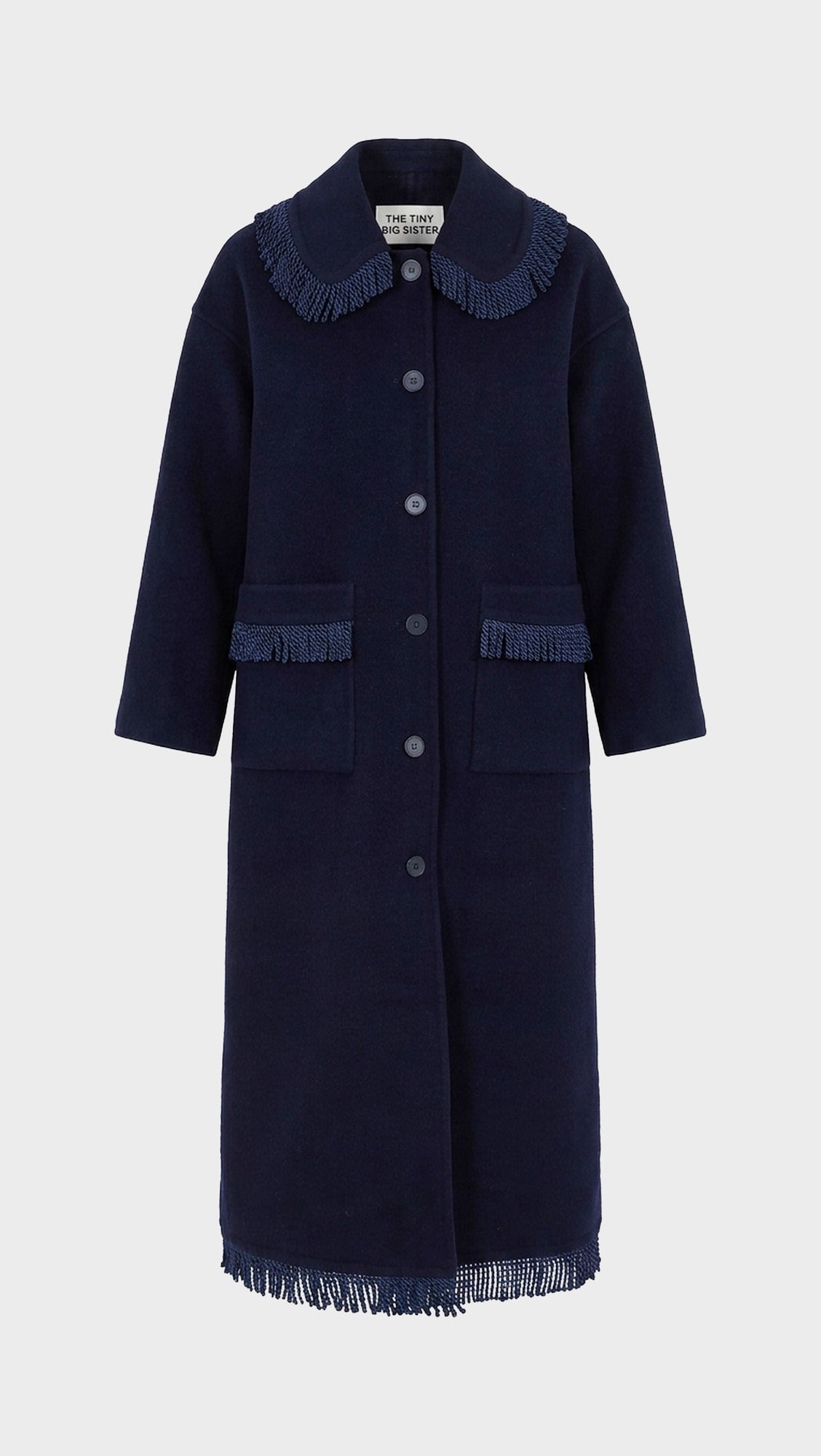 Woman Frills Long Coat z granatowymi frędzlami