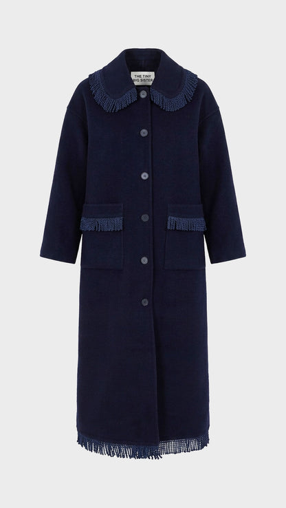 Woman Frills Long Coat z granatowymi frędzlami NAVY